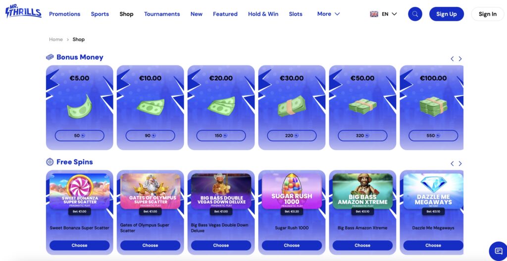 Mr Thrills Casino Rewards Shop