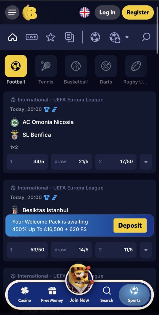 Bananzia sports betting page.