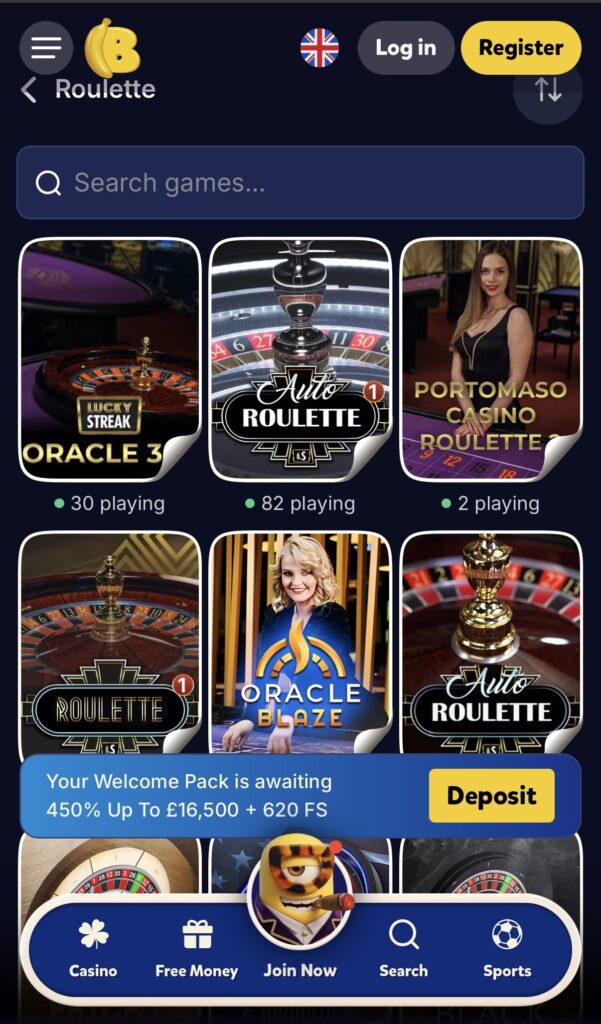 Bananzia live casino page.
