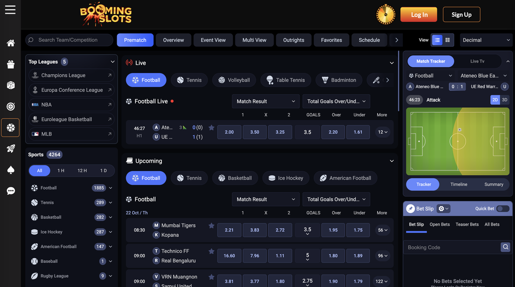 Booming Slots sports page.