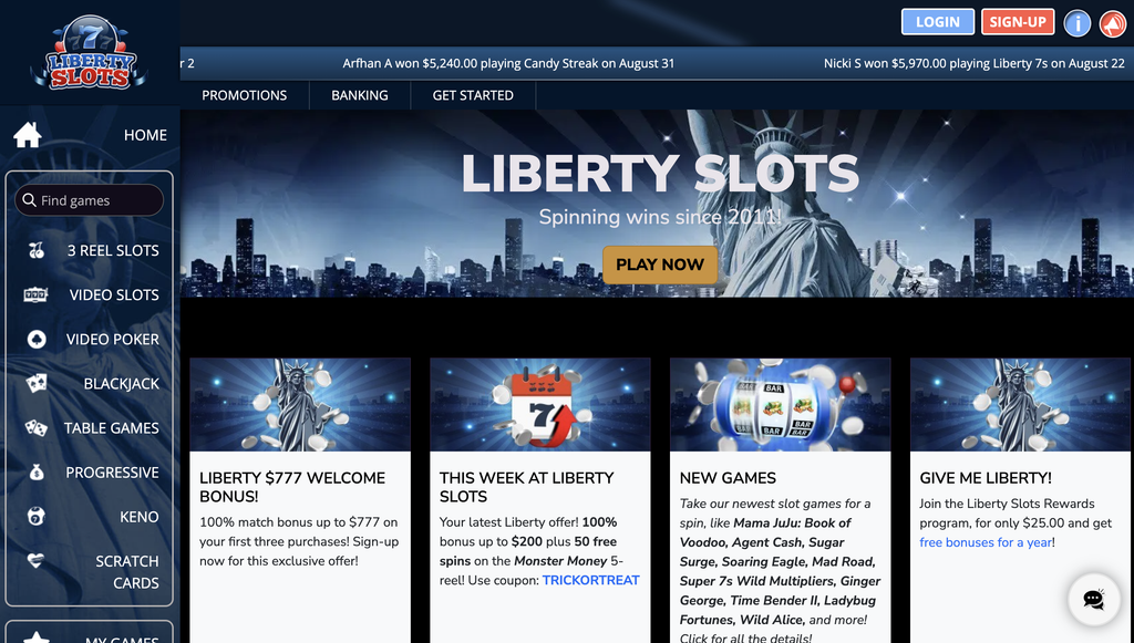 Liberty Slots homepage.