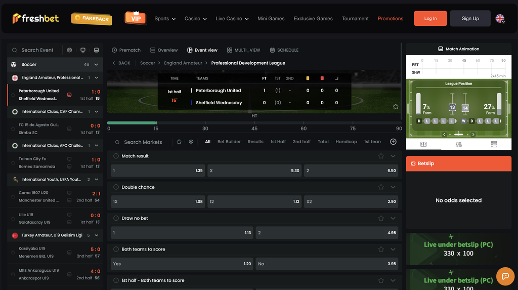 Freshbet live sports page.